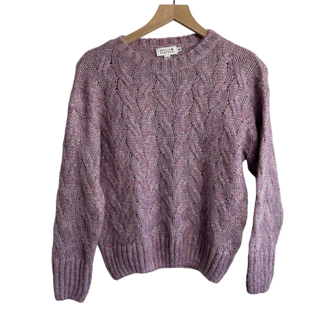 Molly Bracken‎ Purple Metallic Shimmer Cable Knit Crewneck Sweater Size S/M